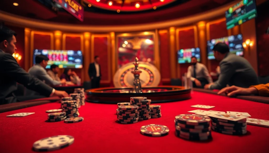 A lively scene of players enjoying games at Nhà cái F8BET, highlighting poker chips and a roulette wheel.