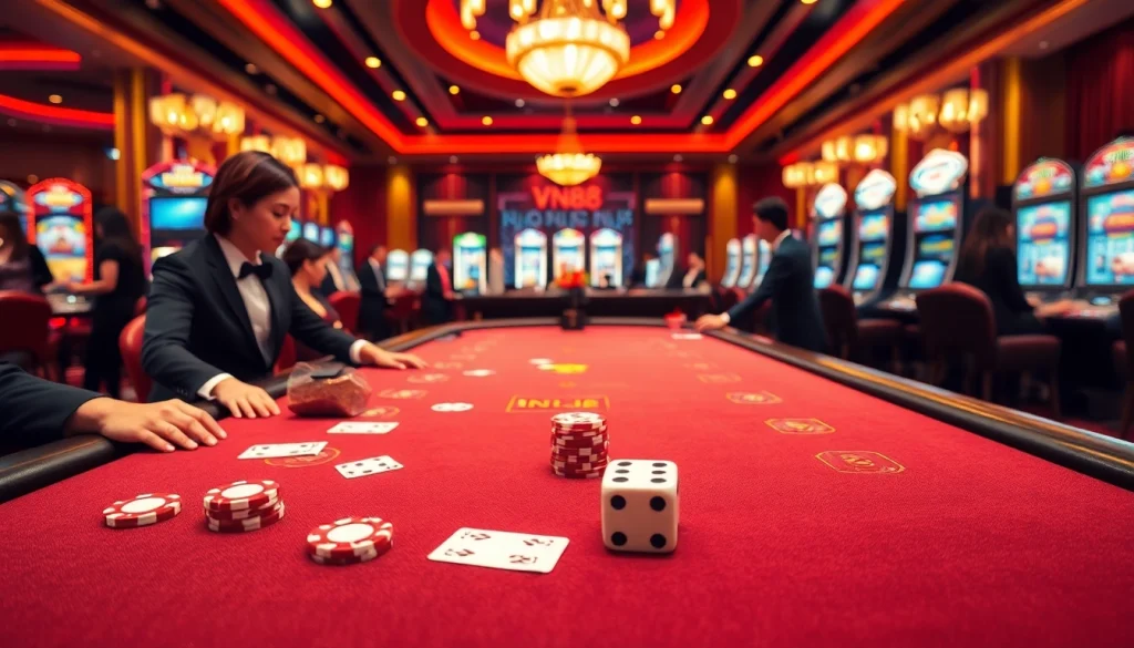 Experience the excitement of gambling at VN88 with dynamic gameplay scenes and vibrant casino elements.