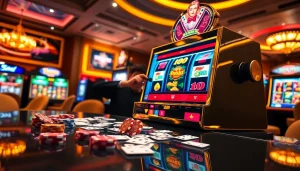 Experience the thrill of Situs Slot Gacor with a glamorous casino scene featuring vibrant slot machines and excited players.