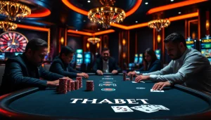 THABET casino scene showcasing a high-stakes poker table with intense players and luxury decor.