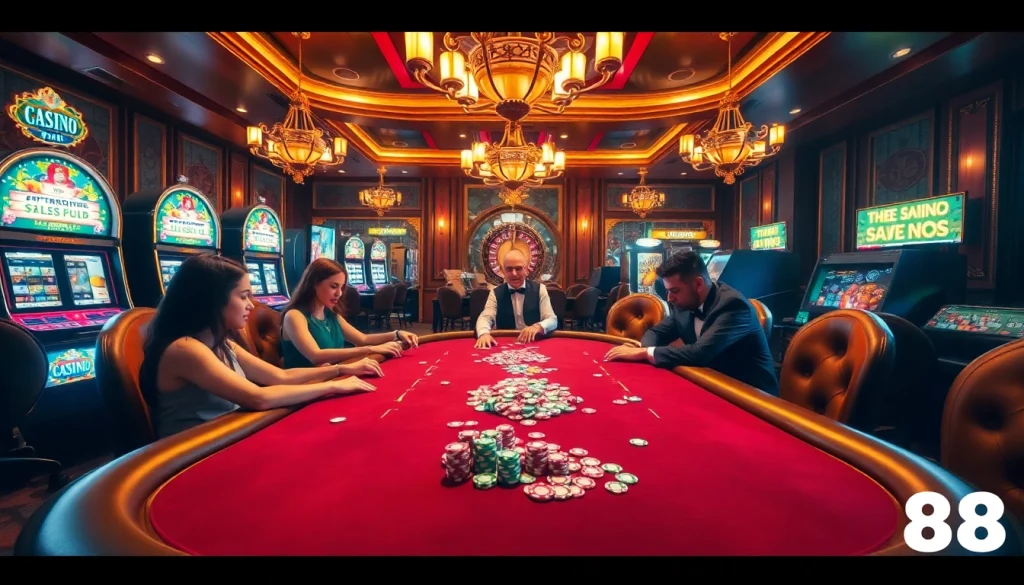 Players enjoying an engaging poker game at Fun88's luxurious casino table.