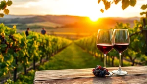 Wine tasting at clarksburg wineries with beautiful vineyard backdrop.