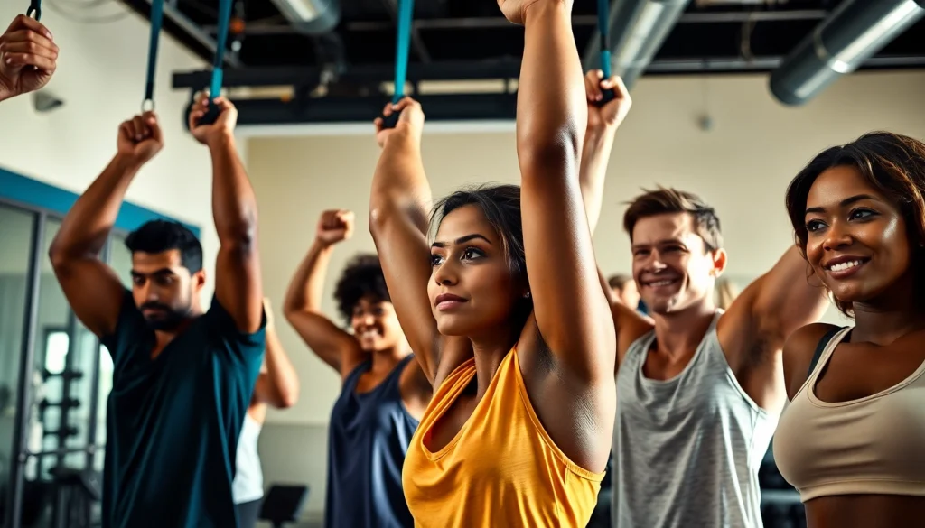 Active individuals using pull-up assist bands in a vibrant gym setting, showcasing determination and strength.
