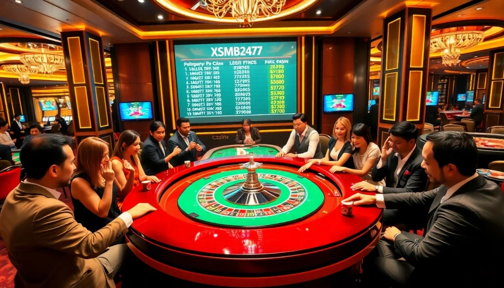 XSMB247 players celebrating a winning moment at a roulette table in a luxurious casino.