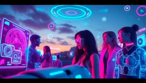 Futuristic scene showcasing NSFW AI avatars engaging in playful conversations with neon colors.
