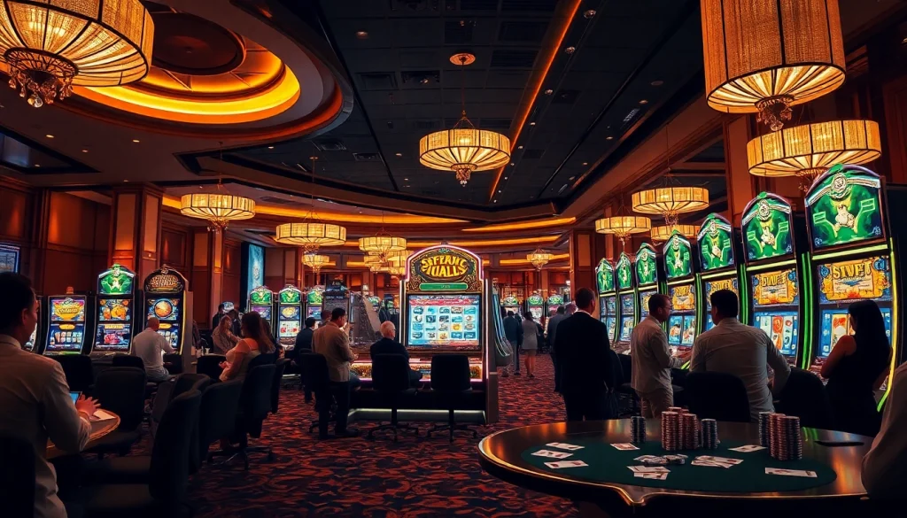 Para pemain menikmati permainan slot deposit pulsa di lingkungan kasino mewah.