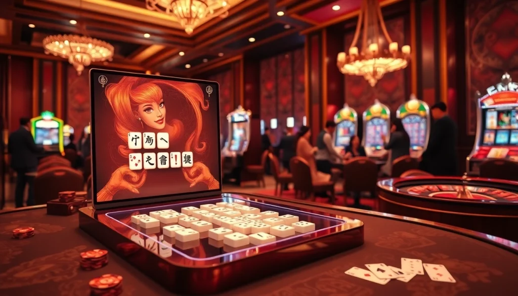 Rasakan sensasi Link Mahjong dalam adegan kasino yang hidup ini, menampilkan antarmuka permainan yang dinamis dan para pemain.