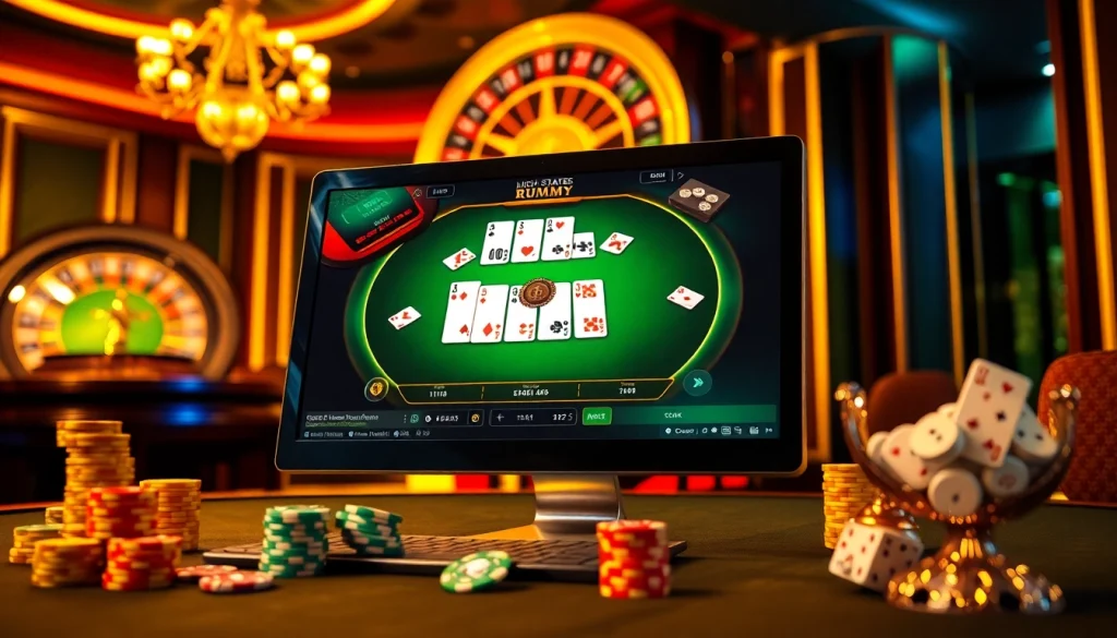Engage in thrilling רמי אונליין games amidst a luxurious casino atmosphere featuring vibrant cards and chips.