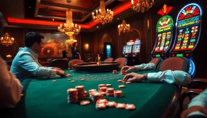 Players strategizing over a poker table in a luxurious Man88 casino setting.