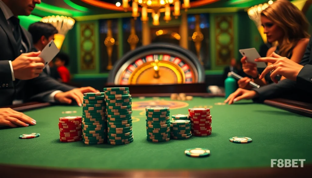 Engage in thrilling poker action at F8BET with vibrant chips and dynamic gameplay.
