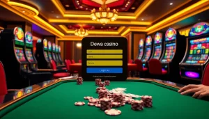 Exciting dewacasino login scene with players engaging at glamorous casino tables and vibrant slots.