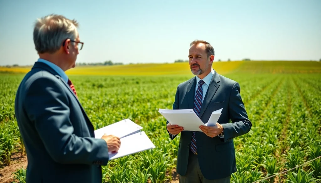Engaged agriculture lawyer advising farmers in a sunlit field, showcasing legal guidance.