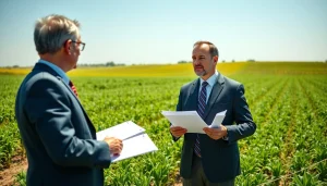 Engaged agriculture lawyer advising farmers in a sunlit field, showcasing legal guidance.
