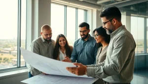 Illustration of Texas association of builders professionals collaborating on blueprints in a bright office.