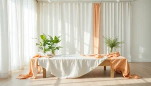 Bekijk diverse voile stoffen met kleurrijke texturen op een tafel in een frisse kamer.