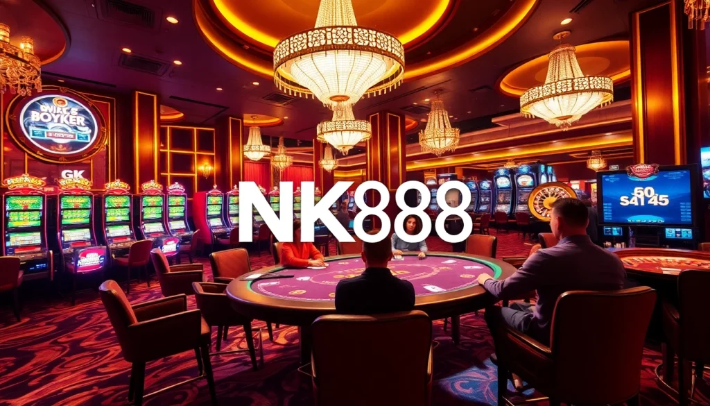Players enjoying a high-stakes poker game at a luxurious casino, featuring NK88 elements.