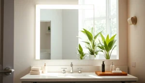 Stylish mirror with lights enhancing the elegance of a modern bathroom space.