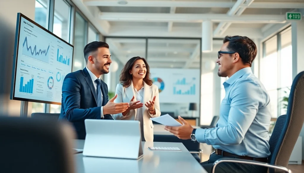 Engaged professionals analyzing Bid-No-Bid Analysis in a modern office setting.