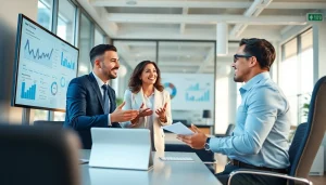 Engaged professionals analyzing Bid-No-Bid Analysis in a modern office setting.