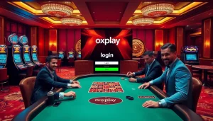 Engage in the excitement of casino gameplay with oxplay login, featuring a vibrant poker table and slot machines.