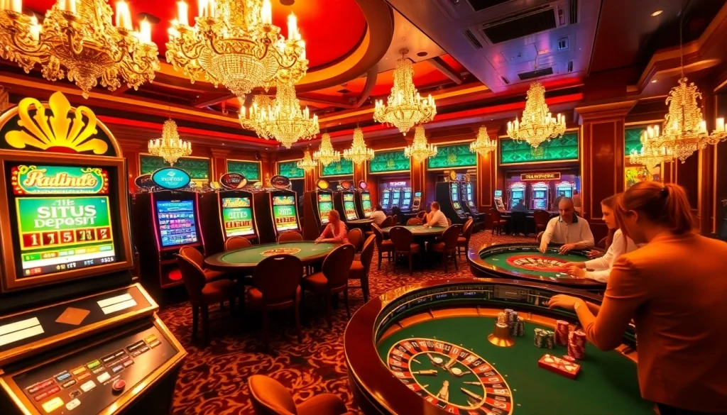 A vibrant casino scene showcasing luxurious gaming tables, players, and the keyword situs deposit 5k.