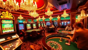 A vibrant casino scene showcasing luxurious gaming tables, players, and the keyword situs deposit 5k.