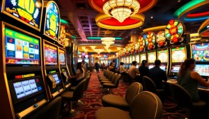 Pengalaman kasino yang mendebarkan menampilkan pemain slot deposit 1k di mesin-mesin yang berwarna-warni, merayakan kemenangan besar.