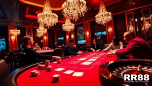 Casino scene showcasing a high-stakes poker game at RR88, with luxury elements like chips and cards.