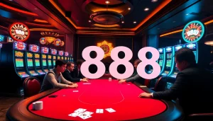 U888 casino scene with vibrant slot machines and poker players in a luxurious setting.