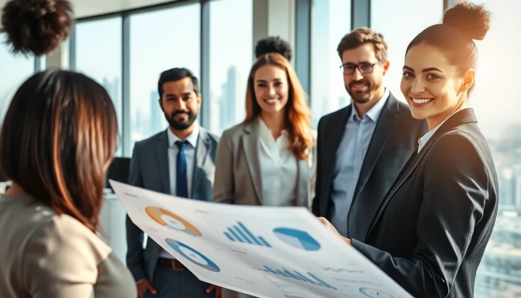 Engaging discussion on business setup in Dubai with a diverse team in a modern office.