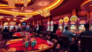 Experience the thrill of idn slot 777 at a vibrant casino with spinning slot machines and excited players.