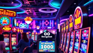 Menggambarkan slot deposit 1000 dengan para pemain yang bersemangat di kasino modern.