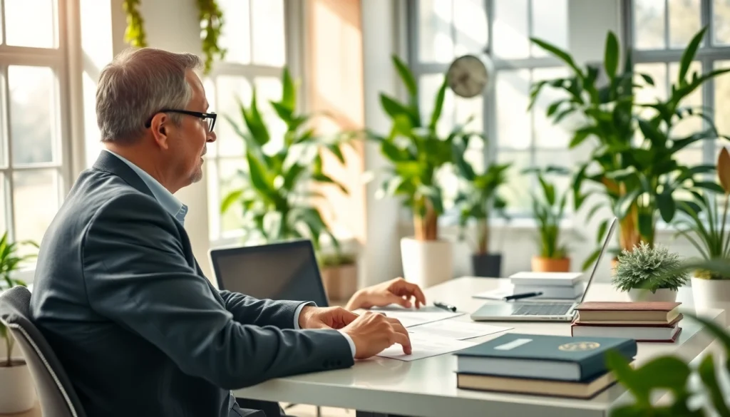 Agriculture lawyer advising clients in a welcoming office, emphasizing legal expertise and professionalism.