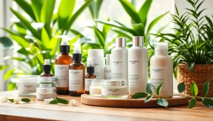 Naudojant natūrali kosmetika, gražiai išdėstytos ekologiškos odos priežiūros priemonės ant medinio stalo.