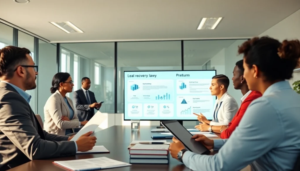 Visual representation of a Legal Debt Recovery Platform showcasing professionals collaborating in a modern office.