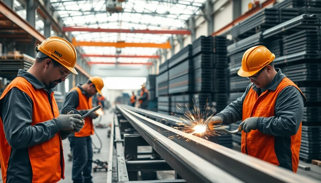 Find skilled steel fabricators near me in a busy workshop atmosphere with vibrant safety gear.