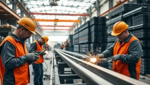 Find skilled steel fabricators near me in a busy workshop atmosphere with vibrant safety gear.