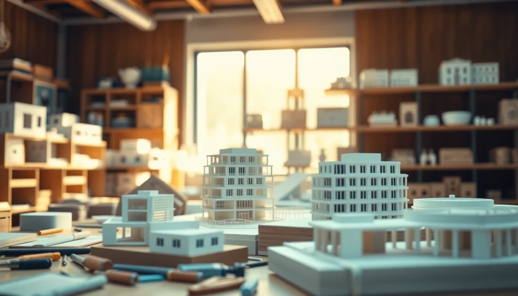 Architekturmodellbau Hannover zeigt einen Handwerker, der an einem detaillierten Modell arbeitet.