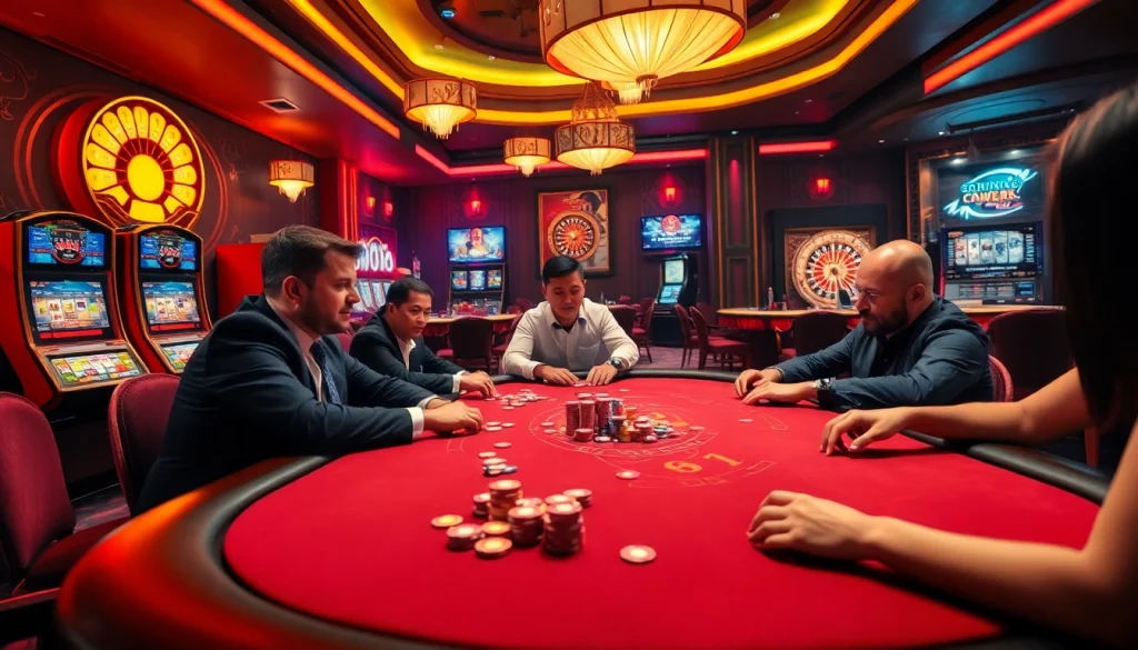 Experience the excitement of nhà cái luck8 with players at a high-stakes poker table in an elegant casino.