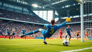 A goalkeeper's stunning save during a soccer match, showcasing the thrill of ผลบอลสดthscore in action.