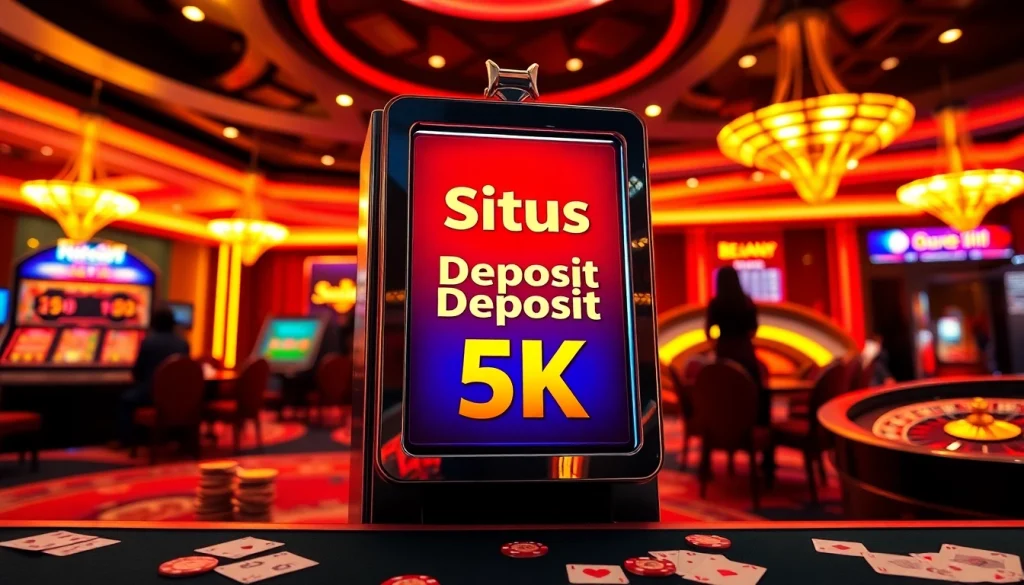Berinteraksilah dengan mesin slot yang menarik berlabel "situs deposit 5K" di suasana kasino mewah.