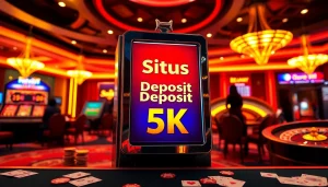 Berinteraksilah dengan mesin slot yang menarik berlabel "situs deposit 5K" di suasana kasino mewah.
