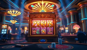 Play the thrilling zeus slot machine amidst an exciting casino atmosphere filled with colorful lights.