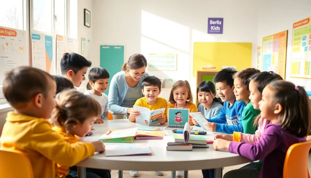 活気に満ちた教室で子どもたちが英語を積極的に学ぶ様子を描いた、Berlitz Kids料金のイラスト