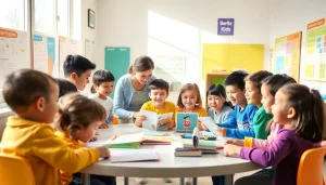 活気に満ちた教室で子どもたちが英語を積極的に学ぶ様子を描いた、Berlitz Kids料金のイラスト