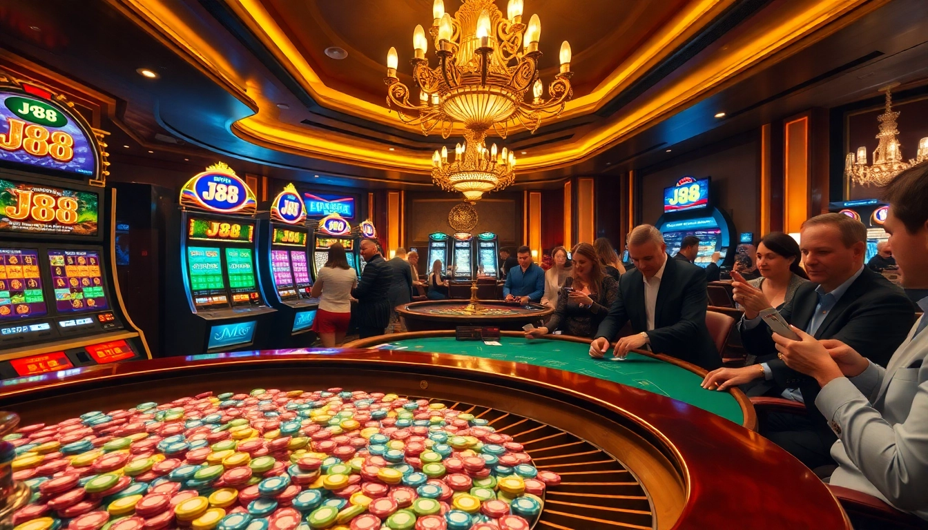 Experience the excitement of J88 slot machines amidst a vibrant casino atmosphere.
