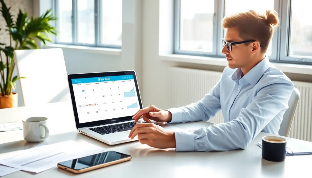 Modern workspace showing IPVA GO 2026 payment process on a laptop.