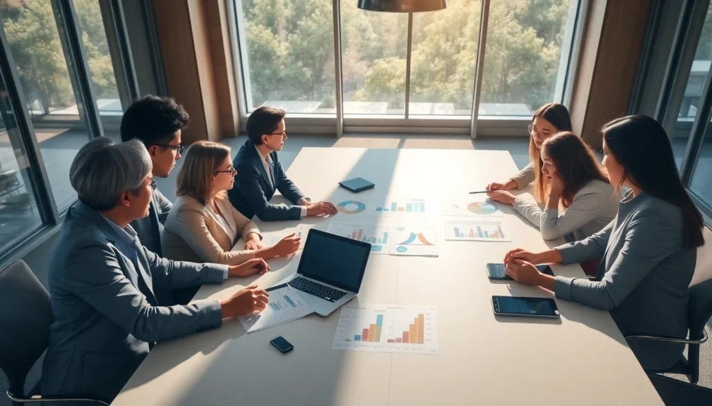 Engaging business growth insights through team collaboration in a bright conference setting.