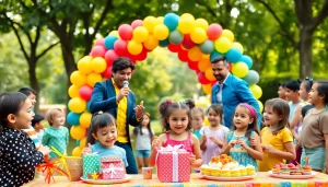 Engaging birthday party entertainers delighting children at a lively celebration.