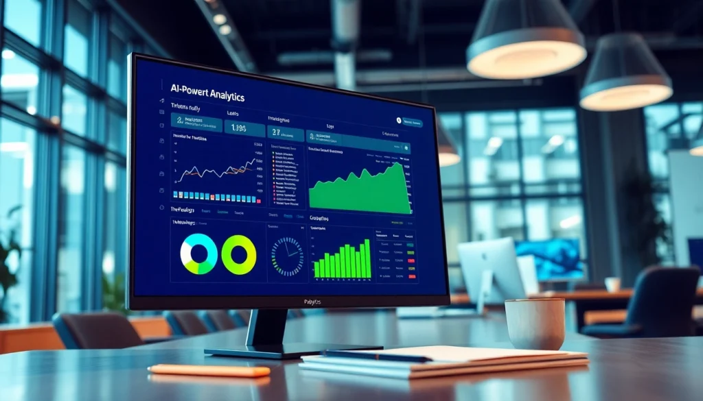 Illustration of how does Pretzel use AI in its warranty process, showcasing digital analytics and modern office environment.